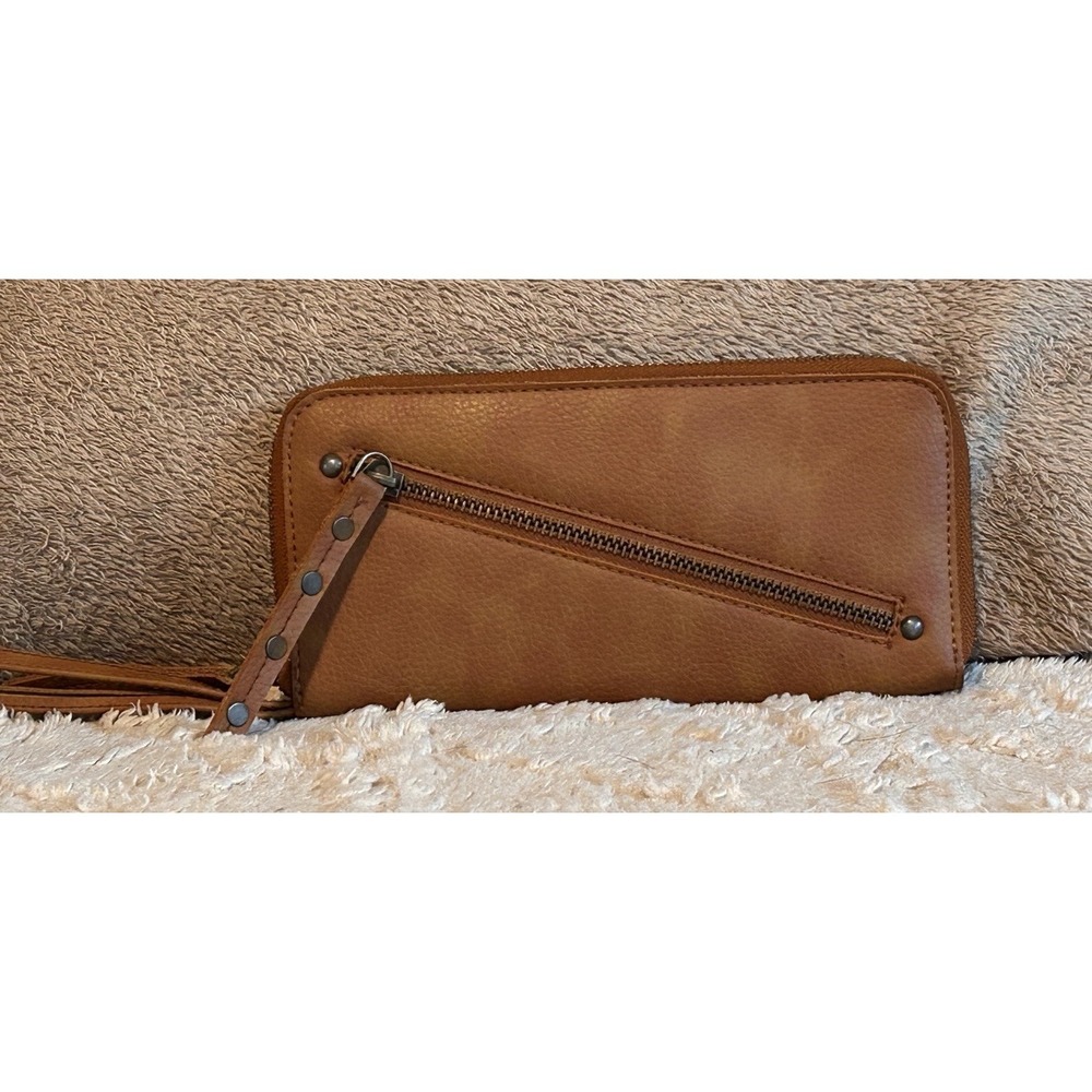 Free People Brown Vegan Leather Wristlet Wallet Zip Around Card Holder Boho